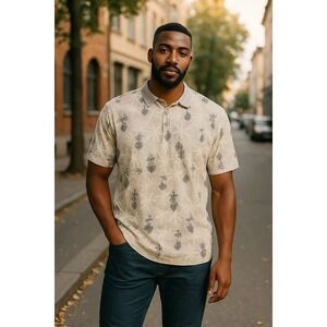 Vintage OP Ocean Pacific Men's Beige and Black Tropical Print Polo Shirt–Casual